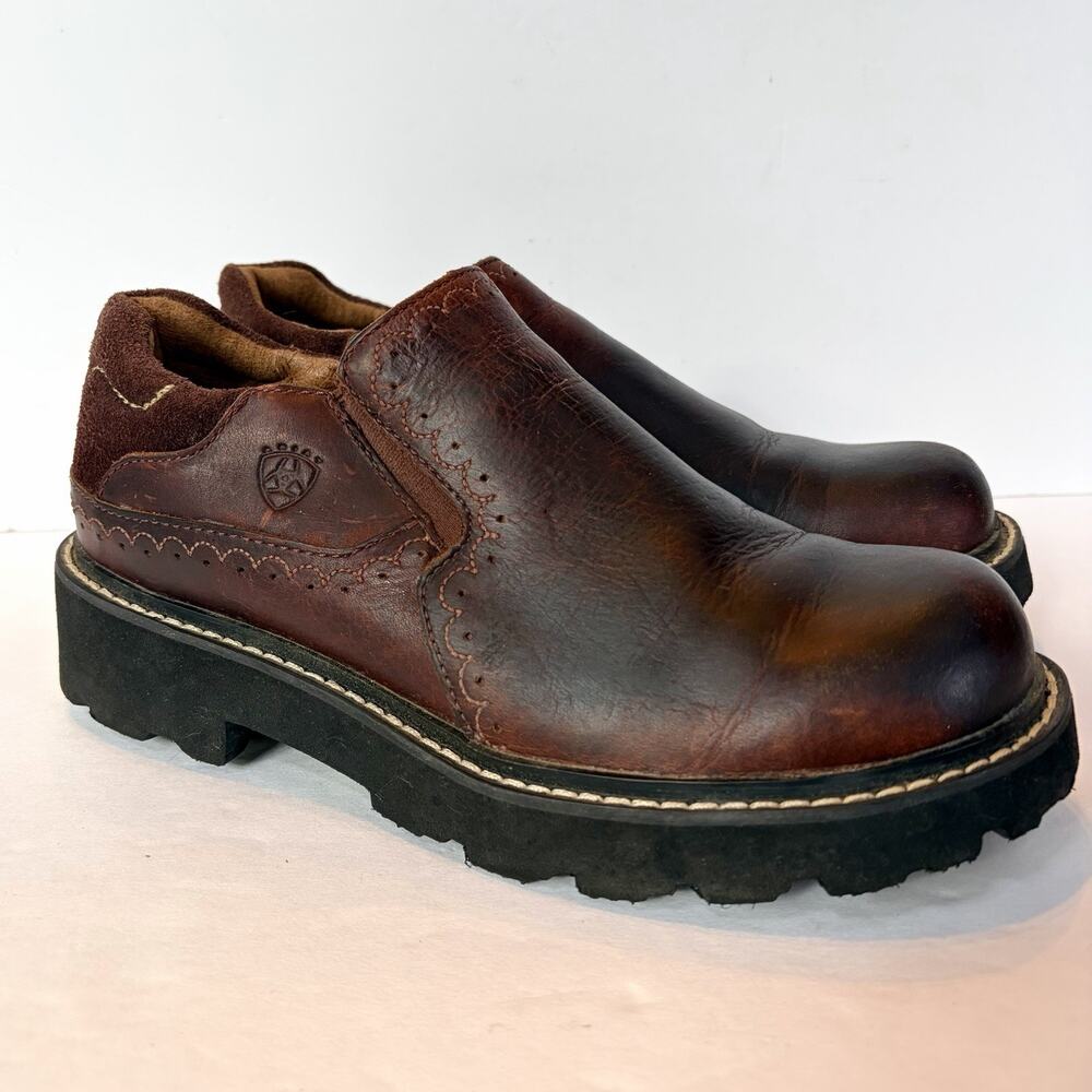 VTG Ariat Women's 8 Brown Leather Oxford Clog Shoes Loafer Slip On Chunky Sole